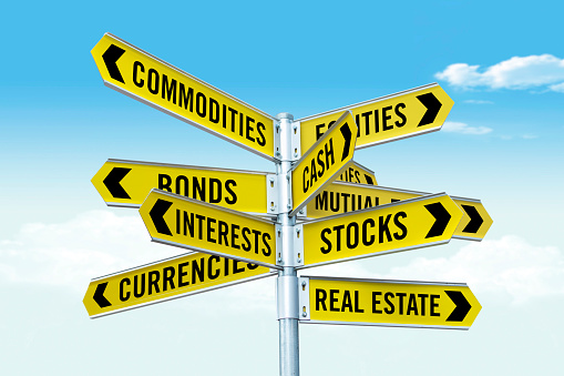 Road signs symbolising investment topics