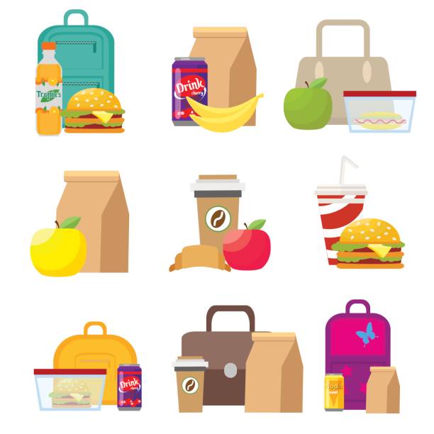 ilustrações de stock, clip art, desenhos animados e ícones de school lunch food boxes and kids bags. vector, illustration in flat style isolated on white background eps10. - lunch box lunch red apple