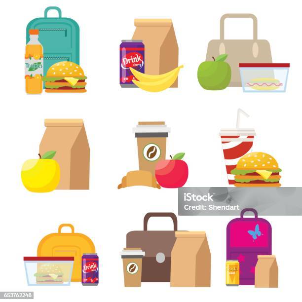 School Lunch Food Boxes And Kids Bags Vector Illustration In Flat Style Isolated On White Background Eps10 Stock Illustration - Download Image Now