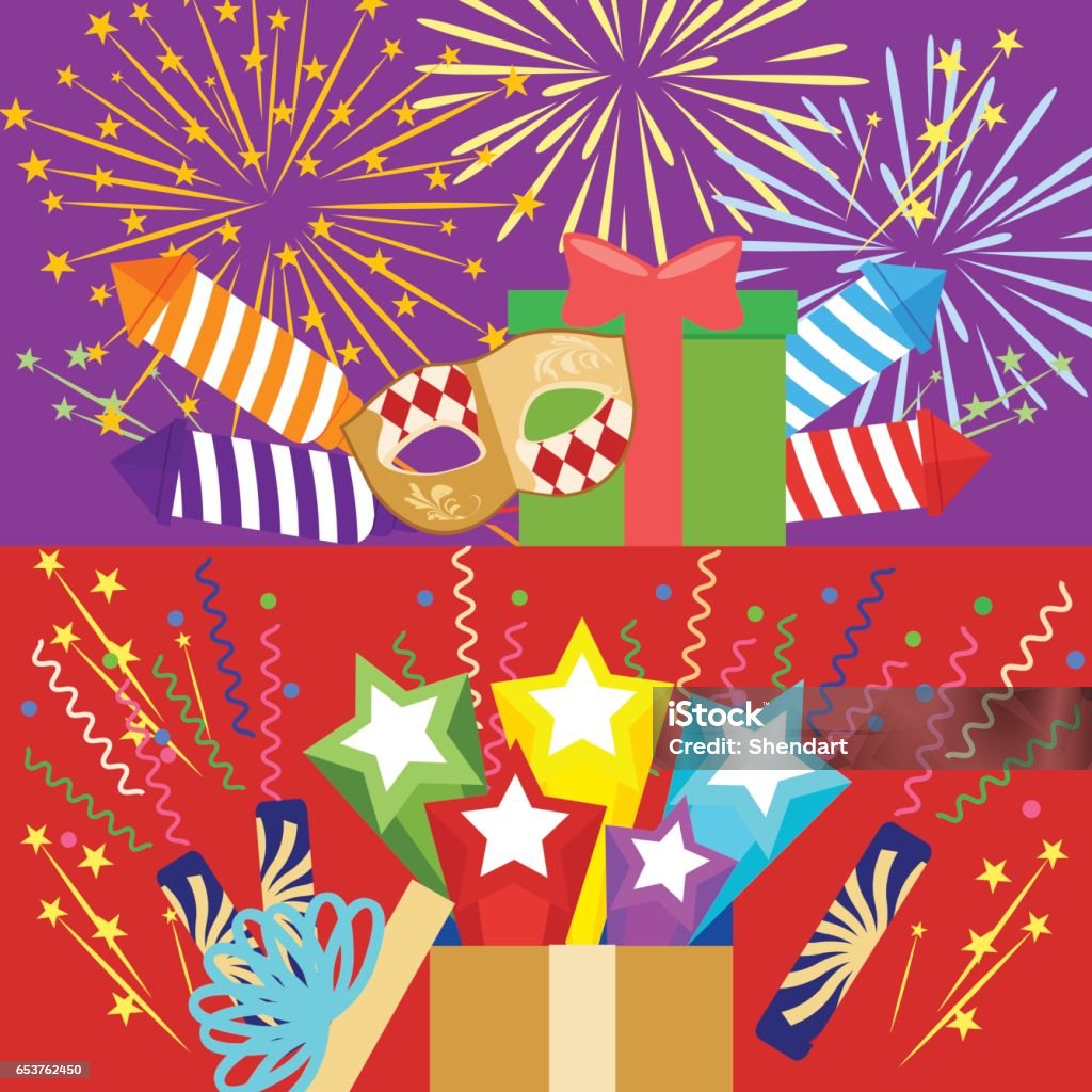 Horizontal flat pyrotechnics festival isolated banners. Flat illustration, EPS10. Horizontal flat pyrotechnics festival isolated banners. Flat illustration, EPS10 Arts Culture and Entertainment stock vector