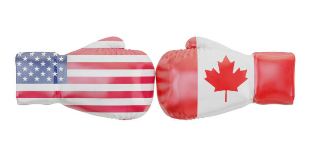istock Boxing gloves with USA and Canada flags. Governments conflict concept, 3D rendering 653763144