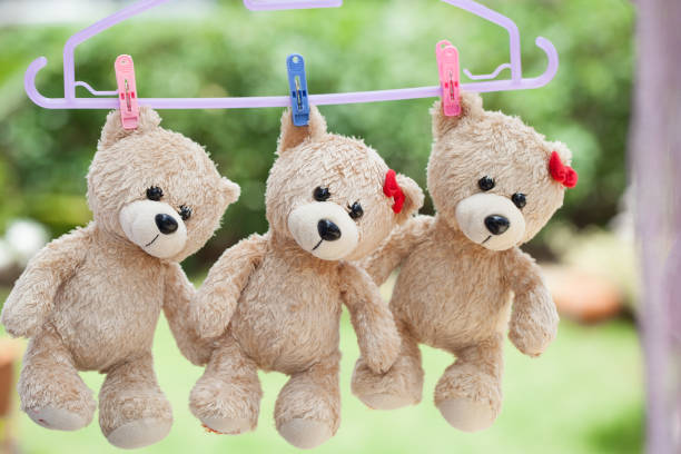istock Little teddy bear on clothes line natural background 653764576