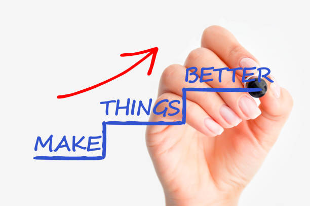 istock Improvement and performance concept with woman hand writing Make things better on stairs 653766582