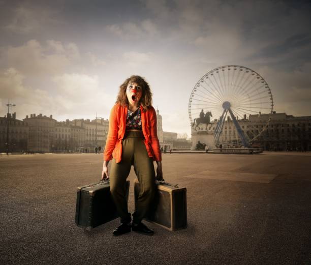 A woman, who looks like a clown is tired of travelling