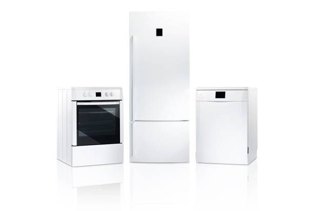 household appliances - three different refrigerators imagens e fotografias de stock