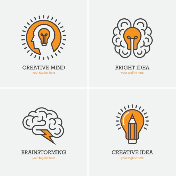 인간의 머리, 두뇌 및 전구 4 개 아이콘 - brainstorming stock illustrations
