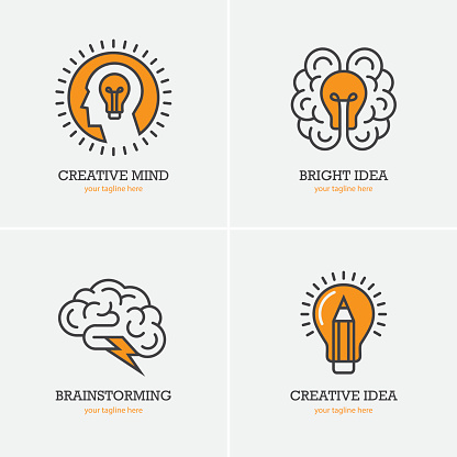 Four icons with human head, brain and light bulb for creative idea, thinking, brainstorming design concept