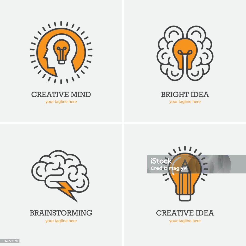 Four icons with human head, brain and light bulb Four icons with human head, brain and light bulb for creative idea, thinking, brainstorming design concept Brainstorming stock vector