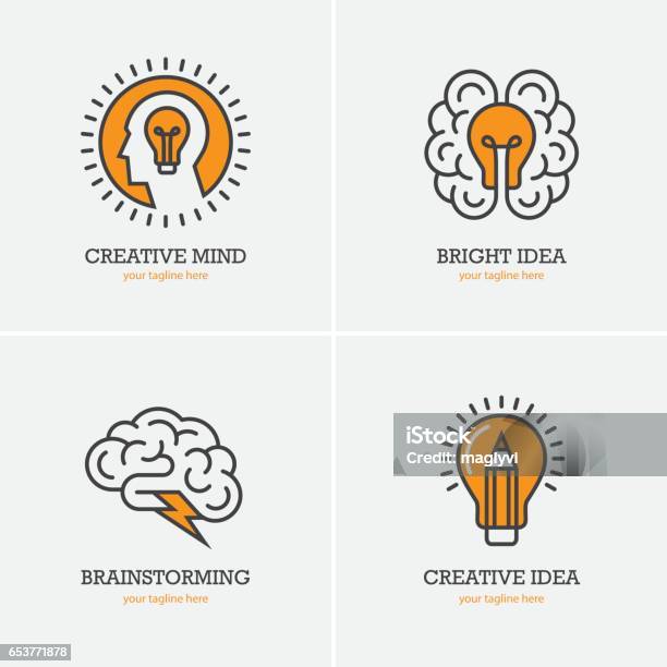 Four Icons With Human Head Brain And Light Bulb Stock Illustration - Download Image Now - Brainstorming, Light Bulb, Creativity