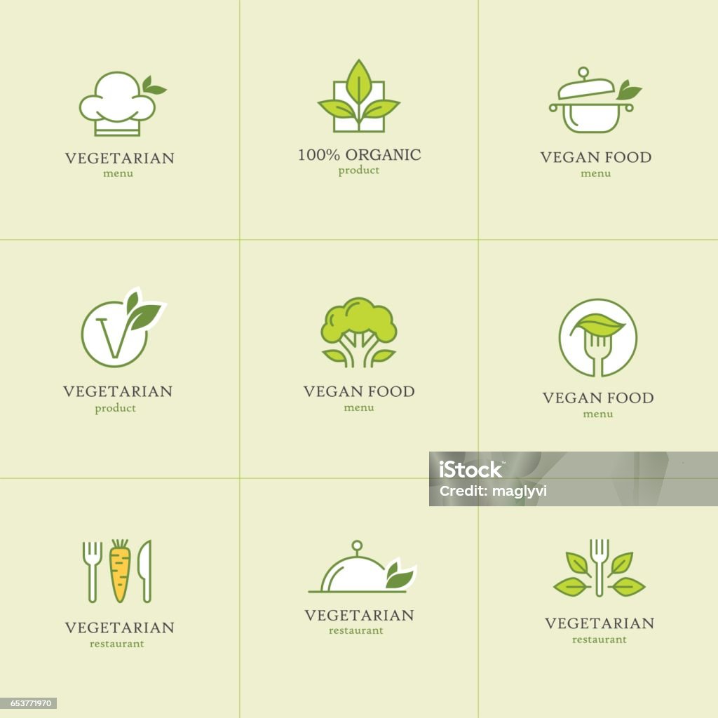 Vegetarian food icons set1 Vegan and vegetarian food line icons set for restaurant menu or recipes website Vegetarian Food stock vector