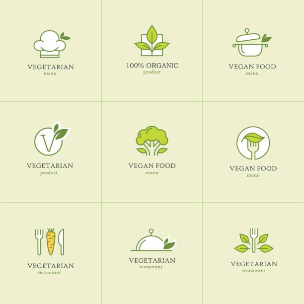 Vegetarian food icons set1 Vegan and vegetarian food line icons set for restaurant menu or recipes website vegetarian food stock illustrations