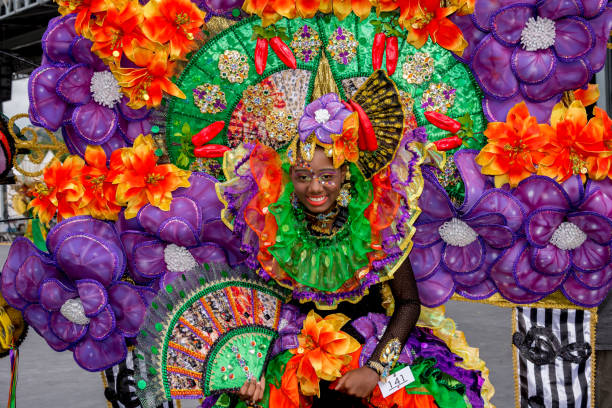 un masquerader femminile si diverte nel carnevale dei bambini della croce rossa di trinidad 2017 - carnival parade foto e immagini stock