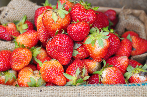 istock Red fresh strawberries in burlap sack 653779048