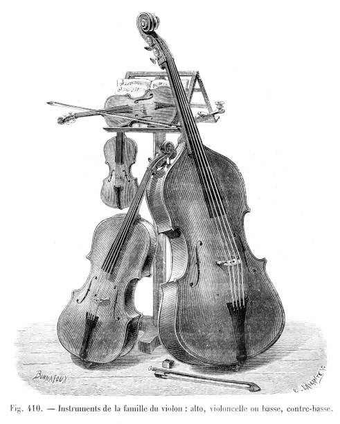 ilustrações de stock, clip art, desenhos animados e ícones de violin family instruments engraving 1881 - violin family