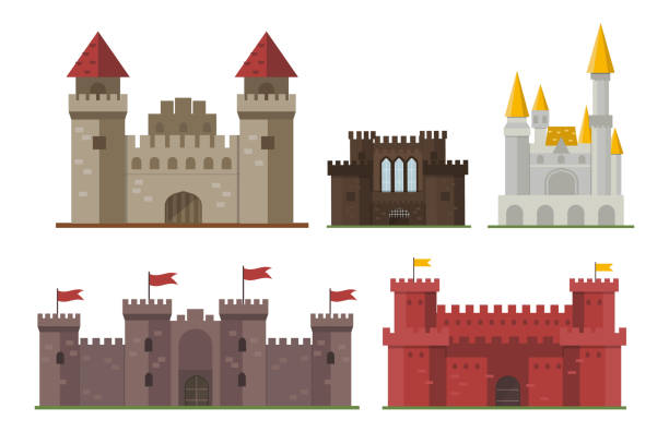 мультфильм сказка замок башня значок мило архитектура фэнтези дом сказка средневековой и принцесса крепость дизайн басня изолированных в� - turret stock illustrations