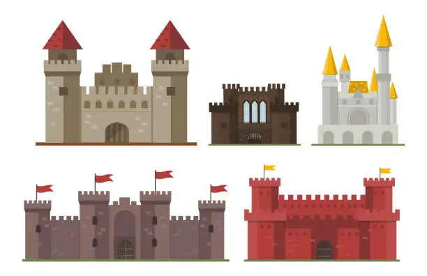 Vector illustration of Cartoon fairy tale castle tower icon cute architecture fantasy house fairytale medieval and princess stronghold design fable isolated vector illustration