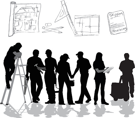 A vector silhouette illustration of a construction crew including men and woman with various work tools performing various jobs including painting, hammering, and shipping and receiving.