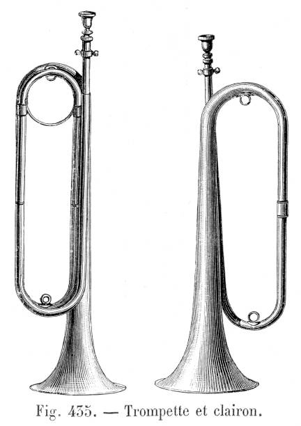 ilustrações, clipart, desenhos animados e ícones de o clarion trompete gravura 1881 - bugle