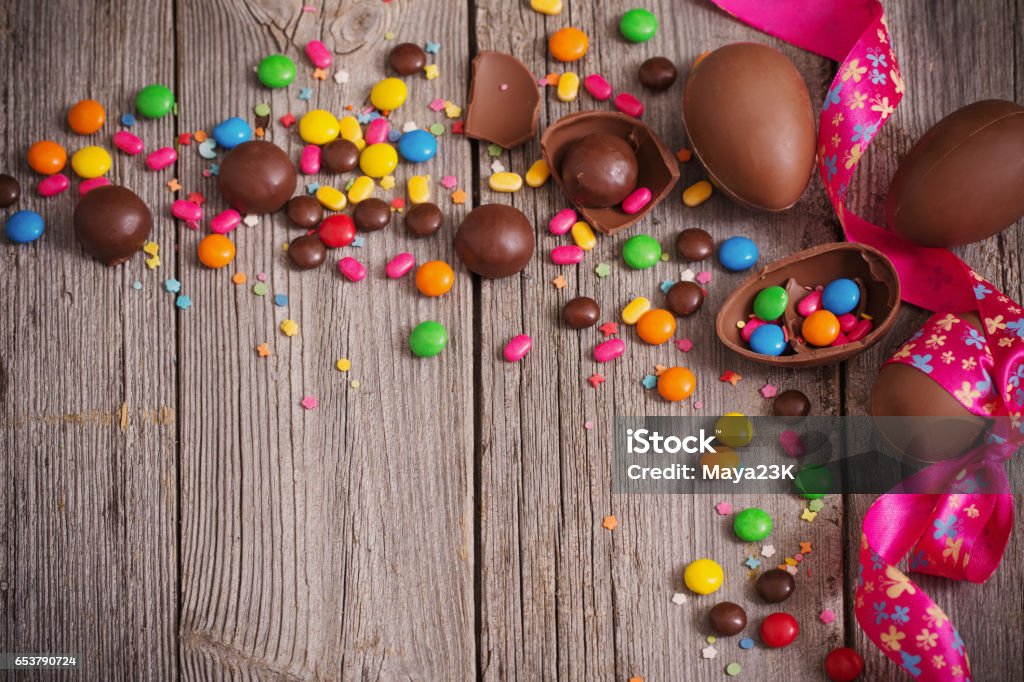 Chocolate Easter Eggs Over Wooden Background Aging Process Stock Photo