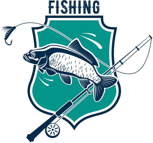 ilustrações, clipart, desenhos animados e ícones de ícone vetor de pesca com peixe carpa, barra tackle - fishing hook catch of fish fishing fishing tackle