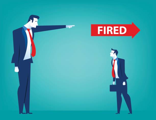 Manager pointing fired at businessman. Losing a job. Unemployed people. Concept business illustration. Vector flat Manager pointing fired at businessman. Losing a job. Unemployed people. Concept business illustration. Vector flat autocratic leadership stock illustrations