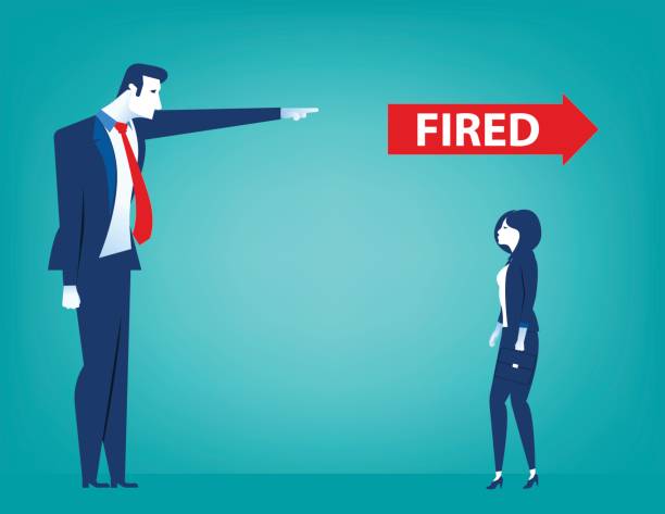 Manager pointing fired at businesswoman. Losing a job. Unemployed people. Concept business illustration. Vector flat Manager pointing fired at businesswoman. Losing a job. Unemployed people. Concept business illustration. Vector flat autocratic leadership stock illustrations