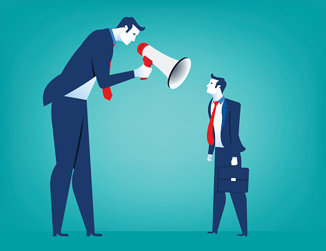 Manager screaming in megaphone on  man colleague. Reproach with businessman. Concept business illustration. Vector flat