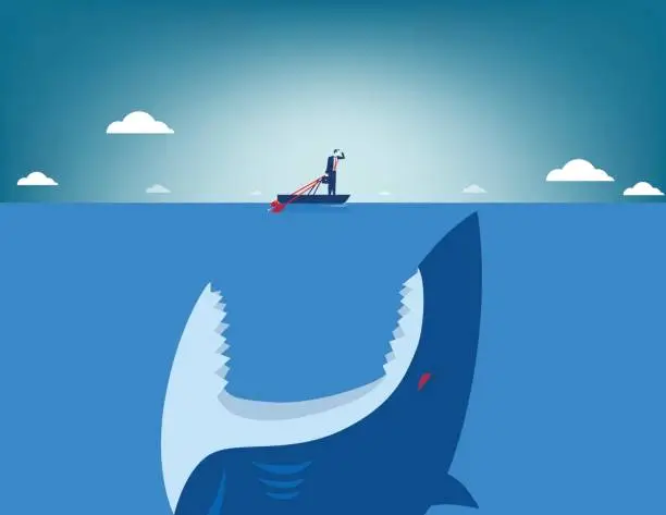 Vector illustration of Risk. Shark attacking businessman. Concept business illustration. Vector flat