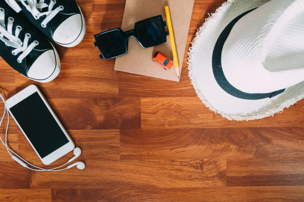 istock Traveler's accessories and items with notebook and copy space, Travel concept 653795798