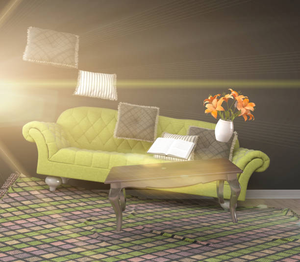 istock Zero Gravity furniture hovering in living room. 3D Illustration 653798294