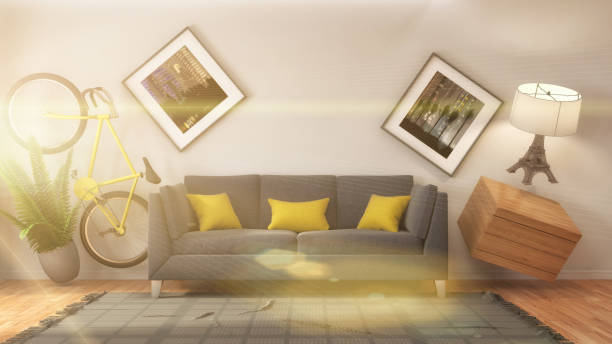 istock Zero Gravity furniture hovering in living room. 3D Illustration 653798462