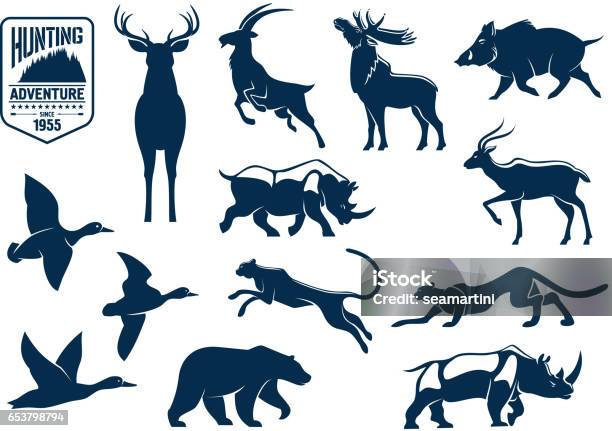 Savanne Und Wald Tiere Für Die Jagdsymbole Stock Vektor Art und mehr Bilder von Elch - Elch, Vektor, Wapiti