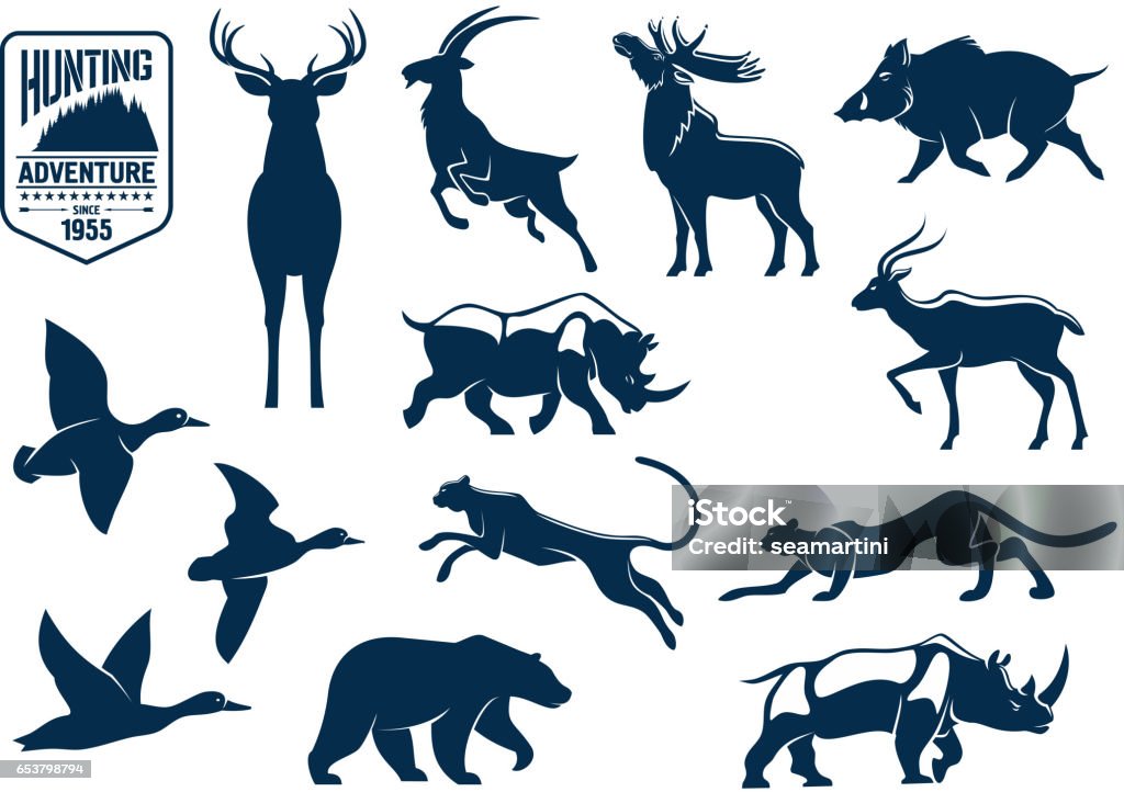 Savanna and forest animals for hunting icons Hunting animals silhouette icons. Stag and deer, capra or mountain goat, reindeer with antler and wapiti, cervus and wild boar, rhino or rhinoceros, panther and american grizzly bear, duck bird. Hunting for mammals at safari and savanna, forest theme Moose stock vector