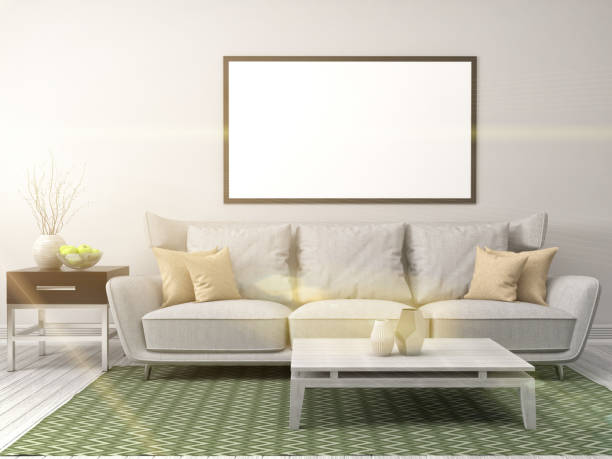 istock Mock up blank poster on the wall of interior with sofa. 3D Illustration 653801506