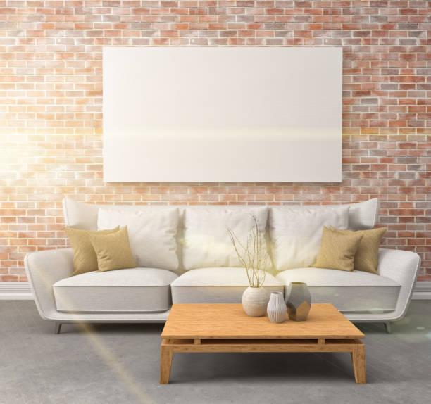 istock Mock up blank poster on the wall of interior with sofa. 3D Illustration 653801570