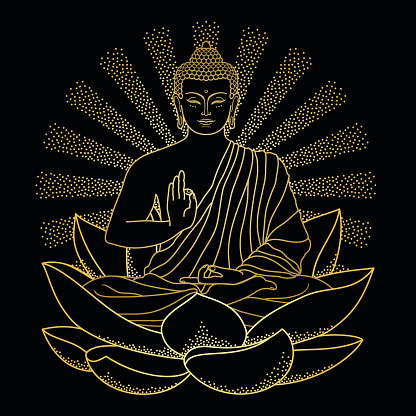 Sitting outline Gold Buddha on Lotus with beam of light isolated on black background. Sign for tattoo, textile print, mascots and amulets.