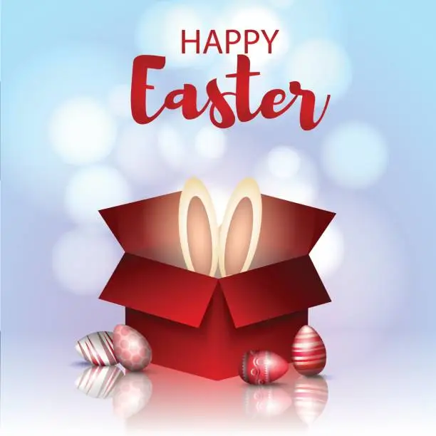 Vector illustration of Vector 3d illustration, easter card. Easter bunny in a red box and colored 3d eggs.