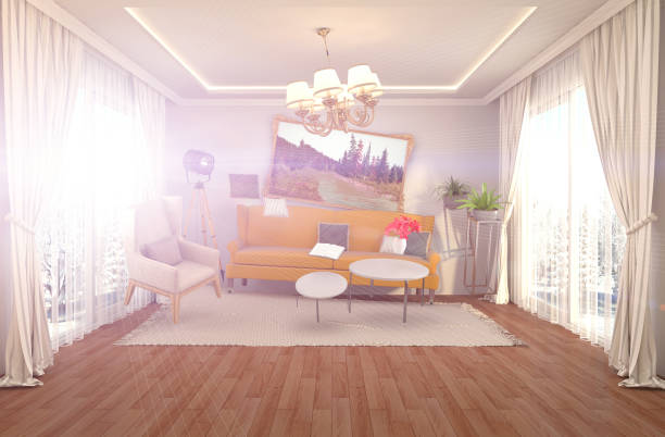 istock Zero Gravity furniture hovering in living room. 3D Illustration 653814604