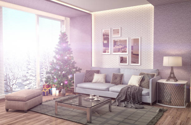 istock Christmas tree with decorations in the living room. 3d illustration 653818886
