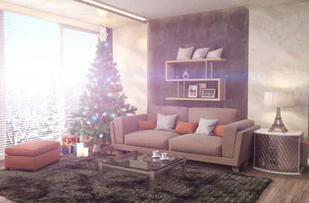 istock Christmas tree with decorations in the living room. 3d illustration 653818920