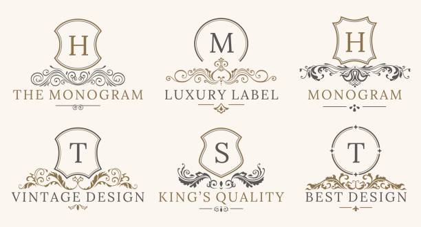 ilustraciones, imágenes clip art, dibujos animados e iconos de stock de conjunto retro royal vintage escudos logotipo. elementos de diseño del logo vector calligraphyc lujo. muestras del negocio, logos, identidad, spa, hoteles, divisas - frame ornate old fashioned shield