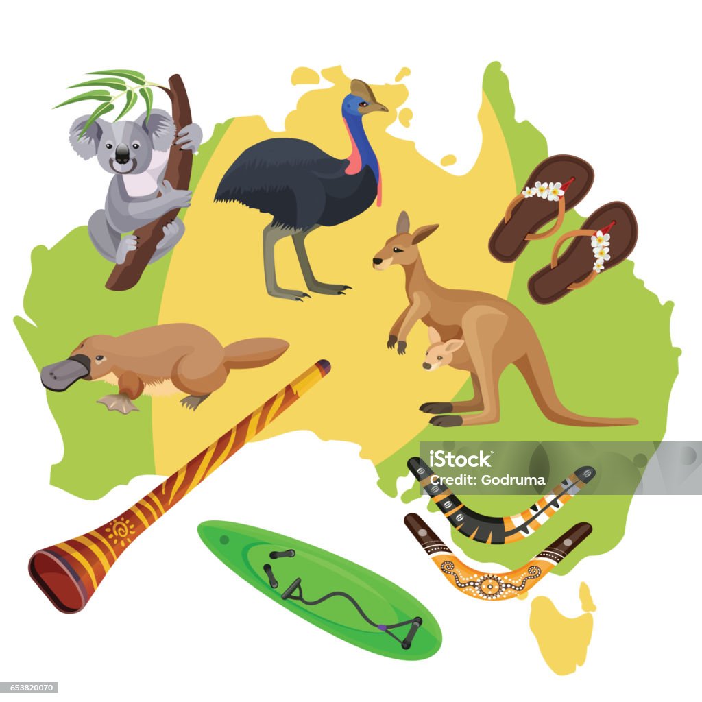 Australia symbols on map. Koala, kangaroo, surfboard, boomerang, ostrich, platypus, Australia symbols set isolated on map. Koala and kangaroo, sport activities surfboard and boomerang, flightless bird ostrich, duck-billed platypus, didgeridoo wind instrument vector illustration Boomerang stock vector