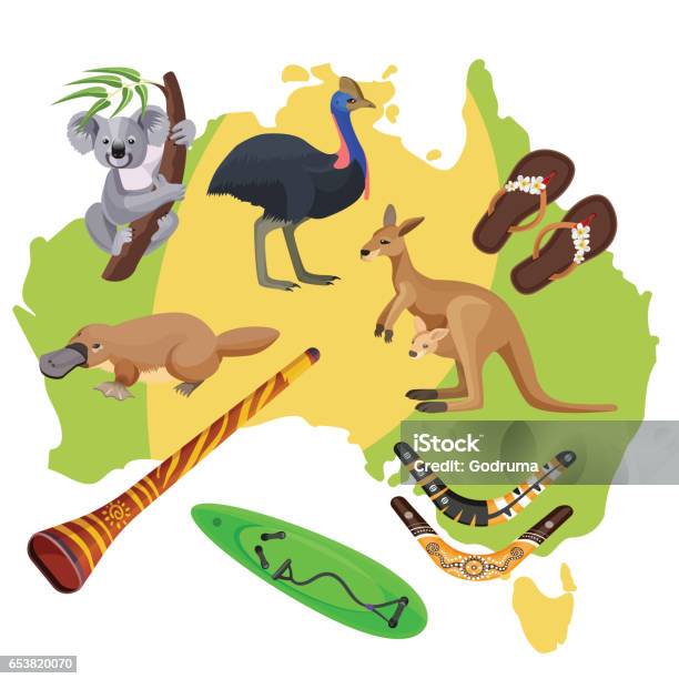 Australia Symbols On Map Koala Kangaroo Surfboard Boomerang Ostrich Platypus Stock Illustration - Download Image Now