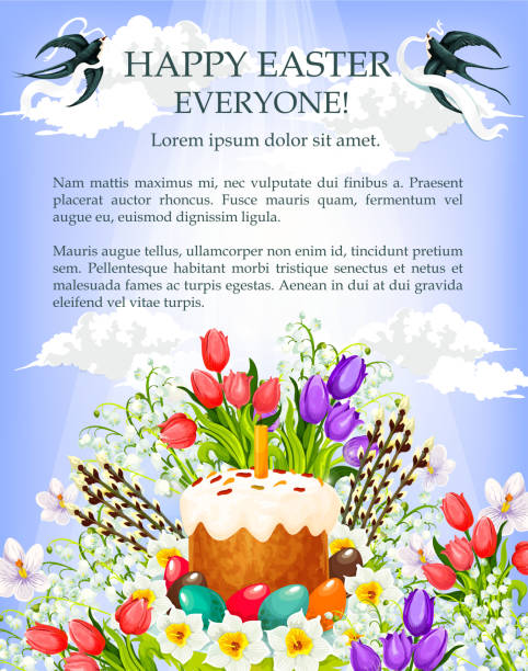 포스터 템플릿-부활절 케이크, 계란과 꽃 - daffodil spring backgrounds sky stock illustrations