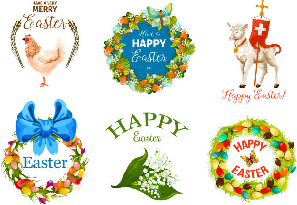 Easter Day cartoon label set for holiday design Happy Easter Day cartoon label set. Decorated Easter eggs wreath with spring flowers, butterflies and ribbon bow, chicken, lamb of God with cross, lily of the valley bunch and willow tree shoots pics of a cross easter lilies stock illustrations