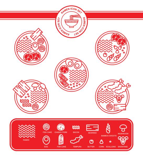 ilustraciones, imágenes clip art, dibujos animados e iconos de stock de conjunto de iconos de fideos ramen - fish cakes illustrations