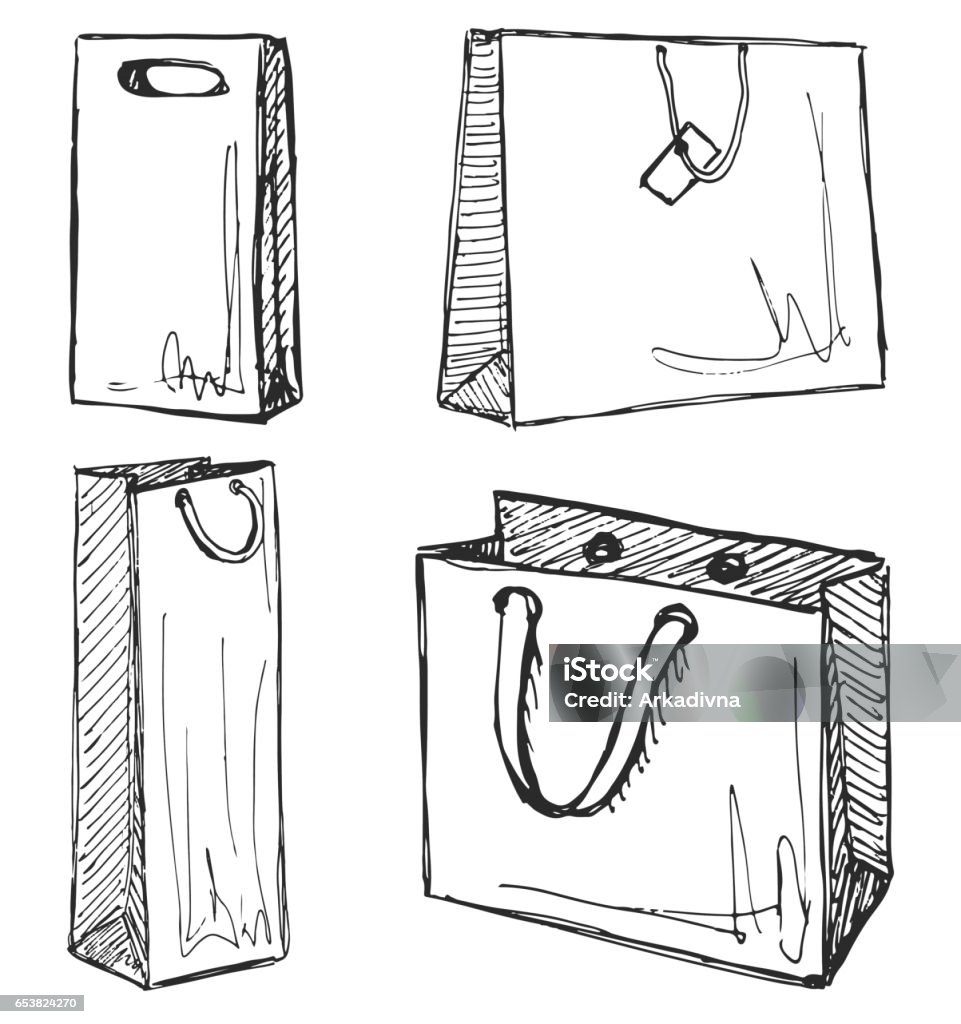 Set of shopping bags isolated on white background. Vector illustration of a sketch style. Drawing - Activity stock vector