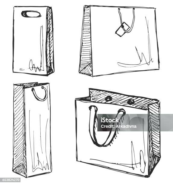 Set Of Shopping Bags Isolated On White Background Vector Illustration Of A Sketch Style Stock Illustration - Download Image Now
