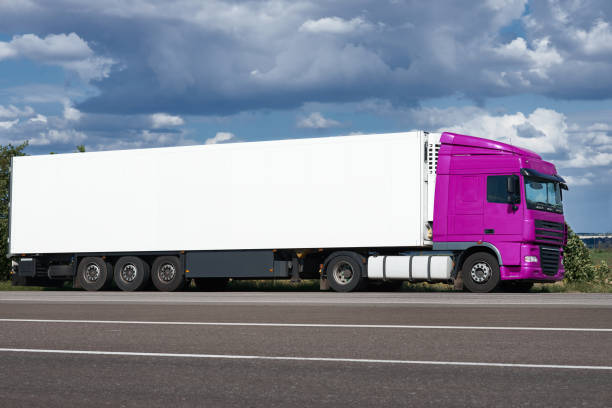 istock Truck on road with white blank container, blue sky, cargo transportation concept 653824306