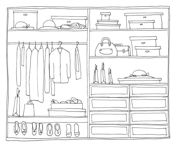 Vector illustration of Open wardrobe with clothes on shelves and hangers. Vector illustration of a sketch style.